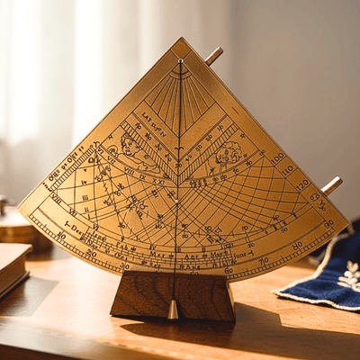 Quadrante Solar de Latão Gunter H39 com base de madeira, possibilidade de personalização por gravação, presente ideal para amantes da astronomia, altura 17 cm, embalagem elegante para presente