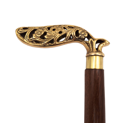 Bengala dobrável elegante em madeira com cabo ricamente decorado em castanho e dourado com possibilidade de personalização por gravação