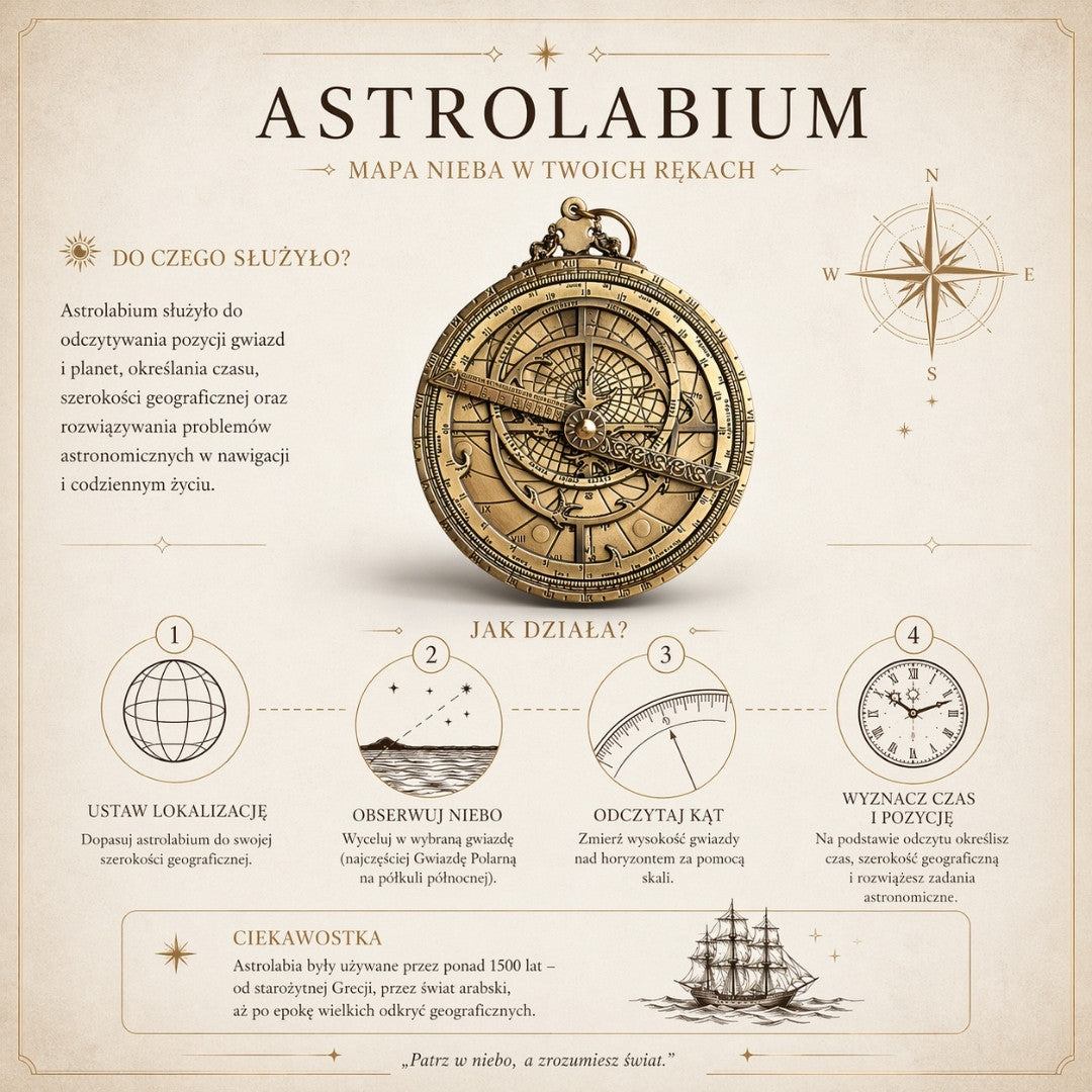 Astrolábio Europeu H32 – Réplica Renascentista Premium com Possibilidade de Personalização por Gravação – Presente Ideal com Elegante Base de Madeira – Altura 12 cm, Feito à Mão com Atenção ao Detalhe
