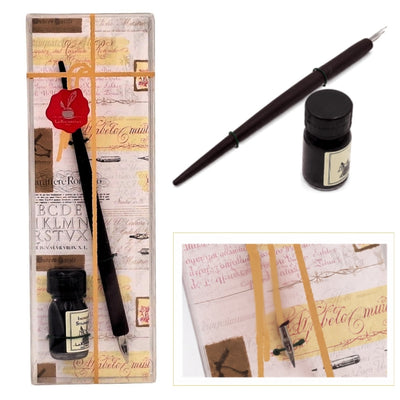 Conjunto Elegante para Caligrafia com Pena de Madeira e Tinta Preta, possibilidade de personalização por gravação, ideal para presente para amantes da arte da escrita, em embalagem decorativa 7,5 x 22 x 3 cm