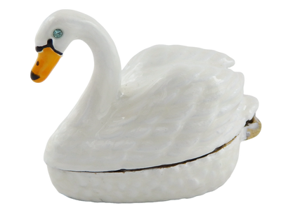 Caixa de presente elegante em metal em forma de cisne com possibilidade de personalização por gravação, branco e dourado, ideal para guardar joias - dimensões 5x3,7x2,7 cm
