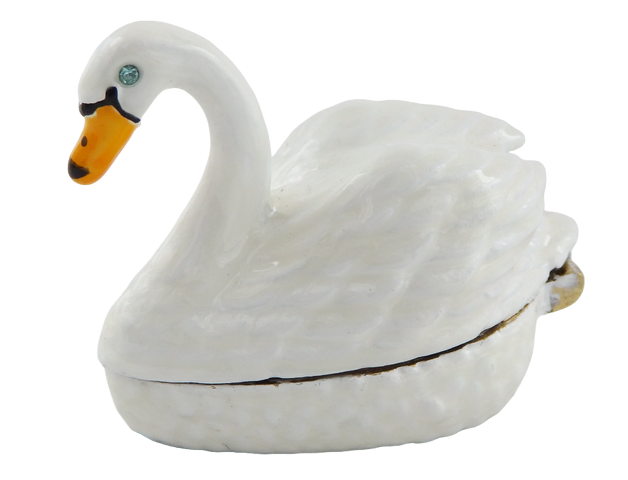 Caixa de presente elegante em metal em forma de cisne com possibilidade de personalização por gravação, branco e dourado, ideal para guardar joias - dimensões 5x3,7x2,7 cm
