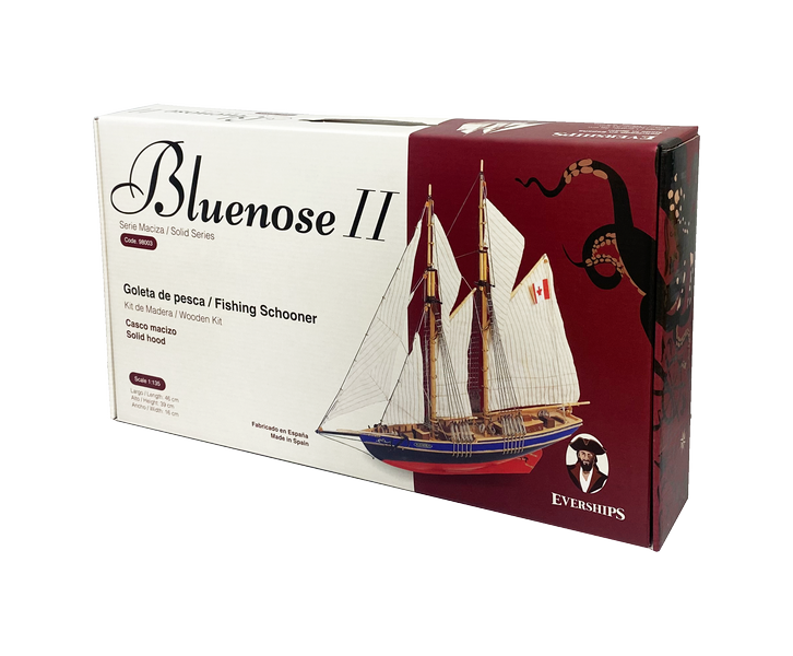 Modelo para montar Bluenose II – escuna de madeira 38x31x6,5 cm com possibilidade de personalização por gravação – presente ideal para velejador, feito com materiais naturais, nível de dificuldade: intermédio