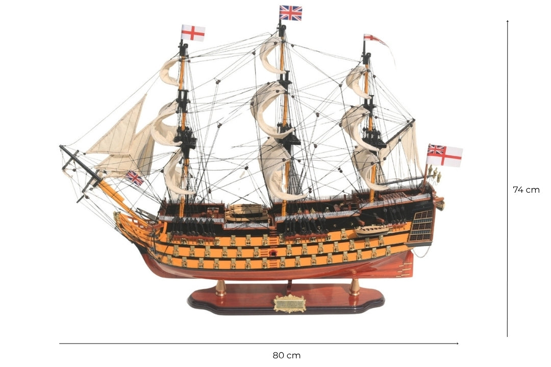 Modelo do veleiro HMS Victory 80cm montado com possibilidade de personalização por gravação - Decoração exclusiva para oferecer, feito à mão em madeira exótica, alta qualidade e atenção aos detalhes