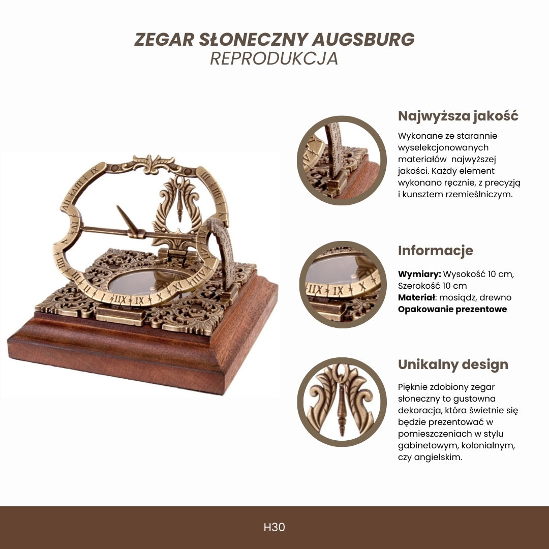 Relógio de Sol de Latão Habsburgo H30 com possibilidade de personalização por gravação, ideal para presente, em estilo elegante de Augsburgo, altura 10 cm, sobre base de madeira