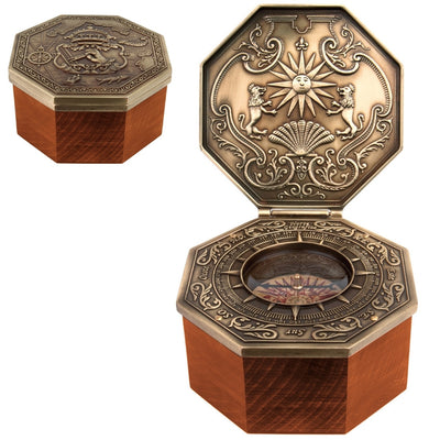 Bússola magnética Cardan exclusiva com gravação - Réplica para presente marinheiro, altura 5,8 cm, madeira de faia e carvalho, latão, estilo renascentista
