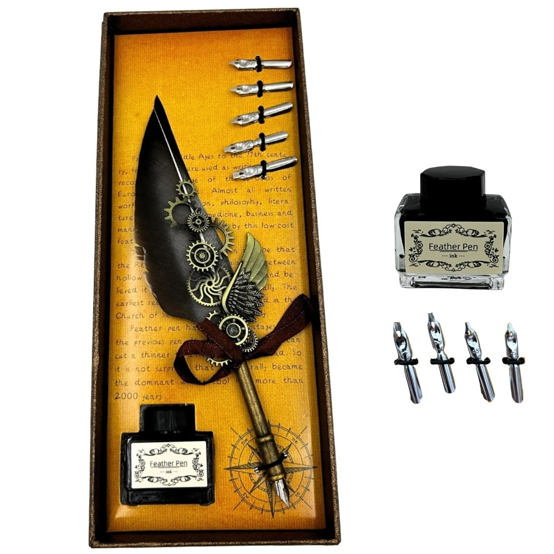 Conjunto Elegante de Caligrafia Retro com Pena de Ganso Cinzenta, 6 Penas, Tinta 15ml e Opção de Personalização por Gravação