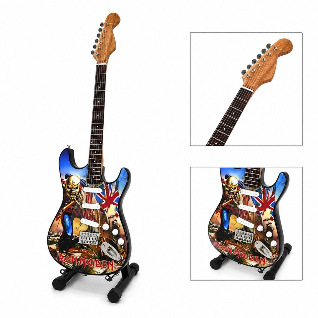 Mini guitarra decorativa Iron Maiden “The Trooper” em mogno - ornamento feito à mão para fãs de música