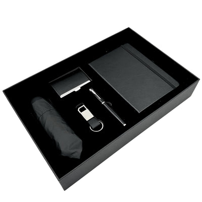 Conjunto Elegante Classico para Presente com Personalização - Caderno de Pele A5, Guarda-Chuva, Caneta, Porta-Cartões e Porta-Chaves em Caixa de Presente Estética