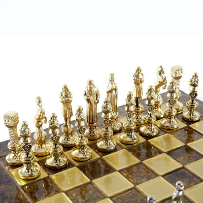Xadrez metálico exclusivo Renascimento S9BRGS 36x36 cm dourado-prateado com possibilidade de personalização por gravação