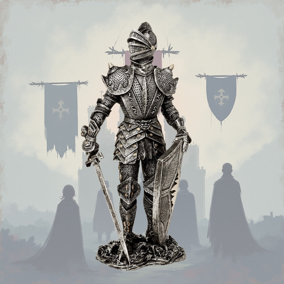 Figura Decorativa Cavaleiro em Armadura Prateada 30 cm com Possibilidade de Gravação Personalizada - Presente Elegante para Amantes de História e Fantasia, Pintada à Mão em Poliresina