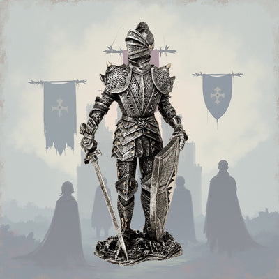 Figura Decorativa Cavaleiro em Armadura Prateada 30 cm com Possibilidade de Gravação Personalizada - Presente Elegante para Amantes de História e Fantasia, Pintada à Mão em Poliresina