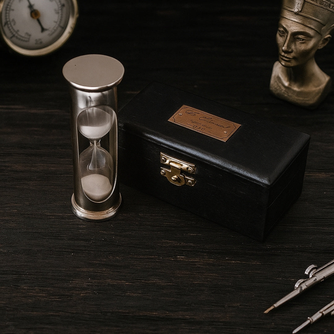 Ampulheta em Latão Retro com Caixa de Madeira - Gravação Personalizada - Presente Ideal para 1 Minuto - Altura 8,5 cm - Decoração Elegante para Secretária