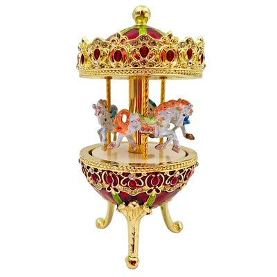 Caixa de Música Carrossel com Gravação - Decoração Elegante em Dourado e Vermelho, 14 cm