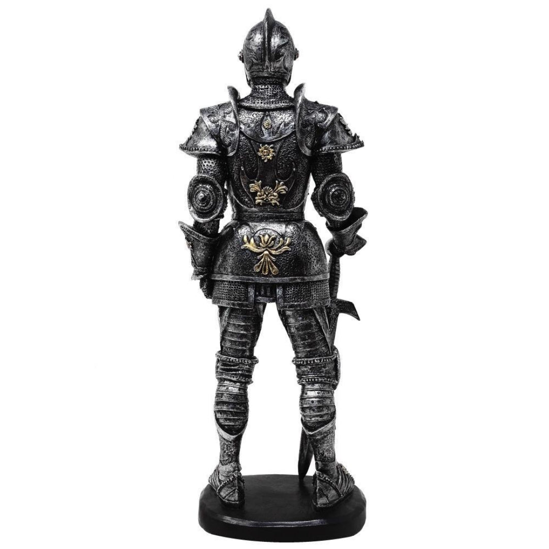 Figura Decorativa Cavaleiro em Armadura 39 cm Prateada com Possibilidade de Gravação Personalizada