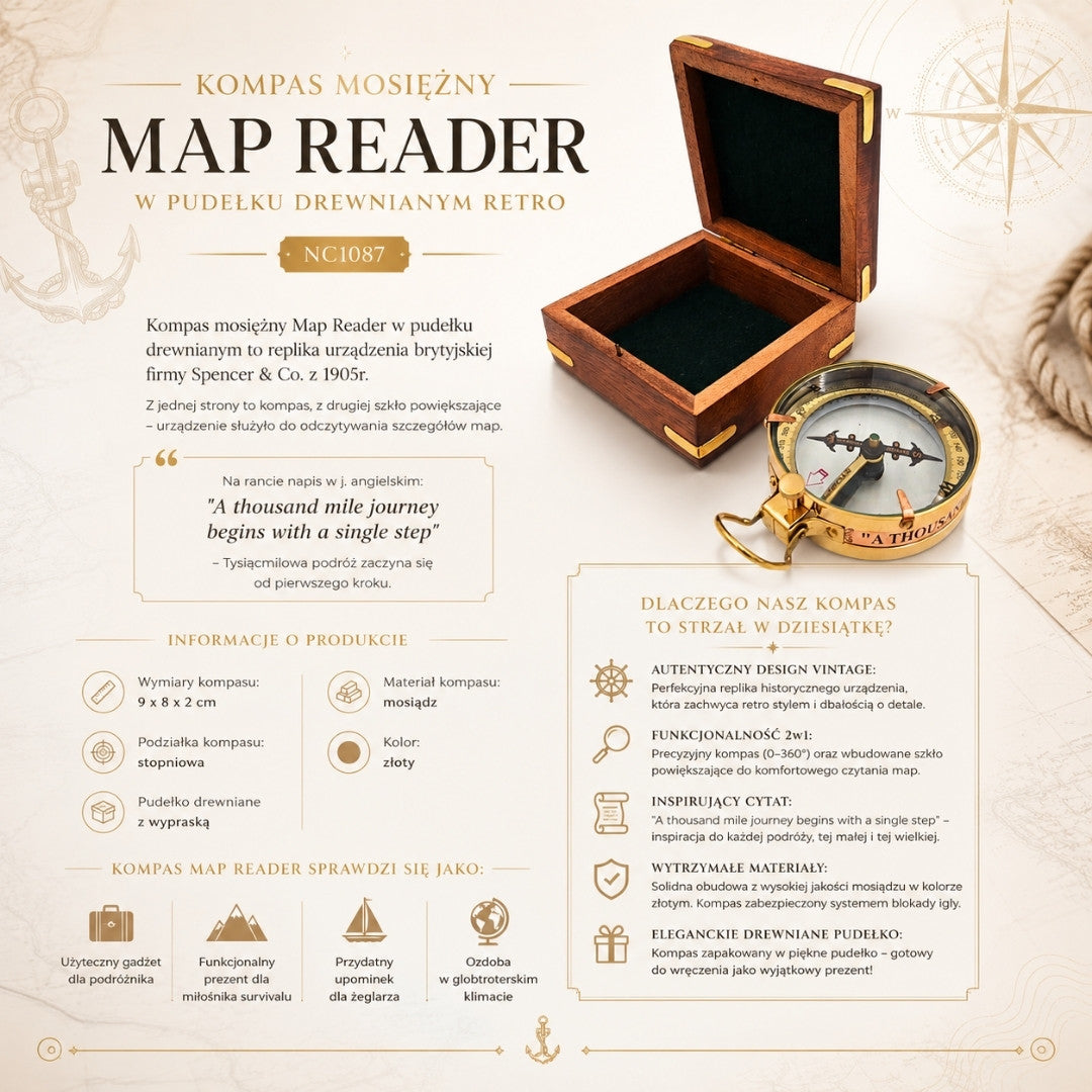 Bússola de Latão Leitor de Mapas com Gravação em Caixa de Madeira Retro