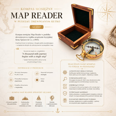 Bússola de Latão Leitor de Mapas com Gravação em Caixa de Madeira Retro