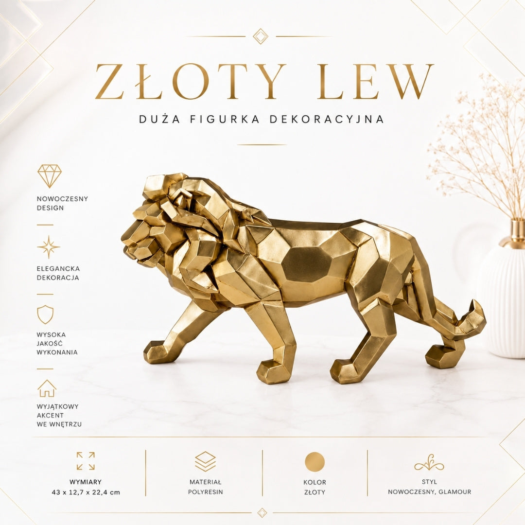Grande estatueta de Leão Dourado de 43 cm com possibilidade de personalização por gravação - decoração elegante para presente, polyresina de alta qualidade, estilo moderno glamour