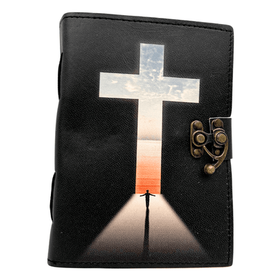 Caderno de Couro Cruz Religiosa Livro de Orações com Gravação