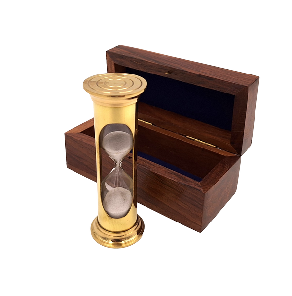Ampulheta de areia REDONDA STP99 em caixa de madeira com possibilidade de personalização por gravação, latão, dourada, 3 minutos, presente ideal para amantes de RPG e recordistas do Guinness