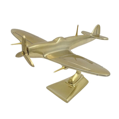Modelo de caça Spitfire em alumínio cor dourada, com possibilidade de personalização por gravação