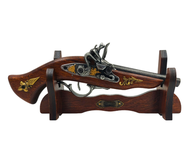 Réplica de Pistola Italiana do Século XVII em Suporte com Possibilidade de Personalização por Gravação - Elemento Decorativo Elegante para Presente, Feito de Madeira e Metal Polido, Comprimento 30 cm