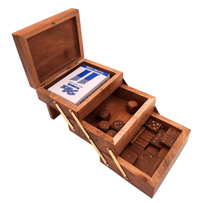 Conjunto Elegante de Jogos 3 em 1 com Gravação Personalizada - Cartas, Dados, Dominó em Caixa de Madeira com Decorações em Latão - Presente Ideal para Amantes de Jogos - Dimensões 12 x 9,5 x 10,5 cm