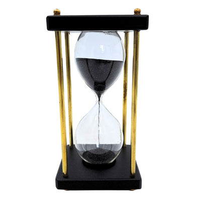 Ampulheta de Latão e Madeira 5 minutos com Areia Preta com Possibilidade de Personalização por Gravação – Decoração Retro Elegante para Presente com Altura de 16 cm