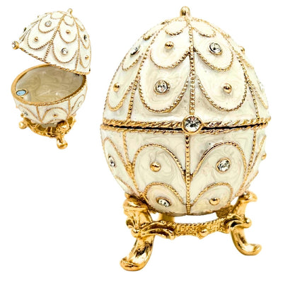 Caixa Exclusiva Ovo Fabergé Metálica com Cristais em Cor Branco-Dourado com Possibilidade de Personalização por Gravação