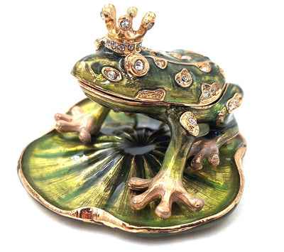Caixa de presente exclusiva em metal em forma de rã com cristais, verde escuro e dourado, possibilidade de personalização por gravação, ideal para presente, dimensões 6,5x6,7x4,5 cm