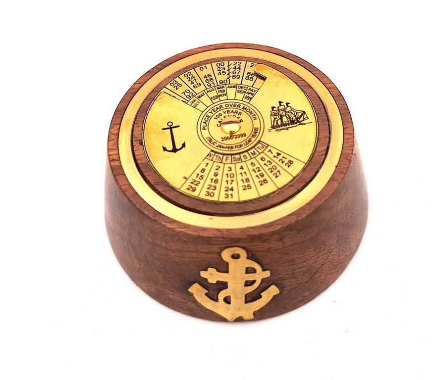 Calendário Perpétuo Elegante em Latão e Madeira com Possibilidade de Personalização por Gravação, Ideal para Presente - Castanho e Dourado, Dimensões 7,5 x 3,5 cm