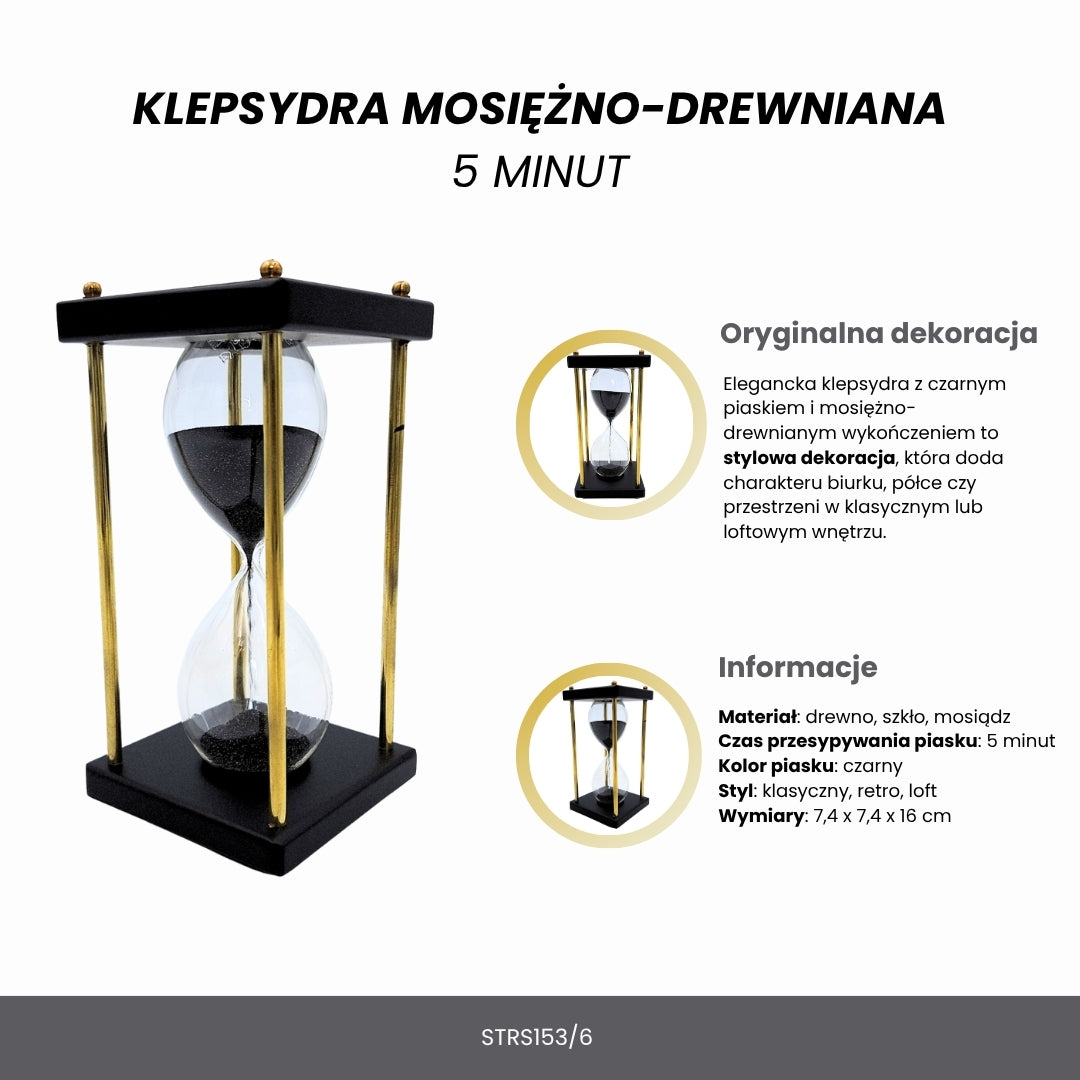 Ampulheta de Latão e Madeira 5 minutos com Areia Preta com Possibilidade de Personalização por Gravação – Decoração Retro Elegante para Presente com Altura de 16 cm