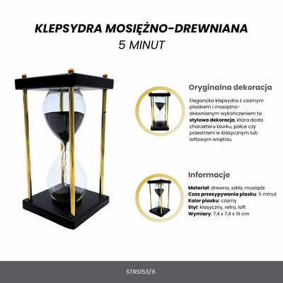 Ampulheta de Latão e Madeira 5 minutos com Areia Preta com Possibilidade de Personalização por Gravação – Decoração Retro Elegante para Presente com Altura de 16 cm