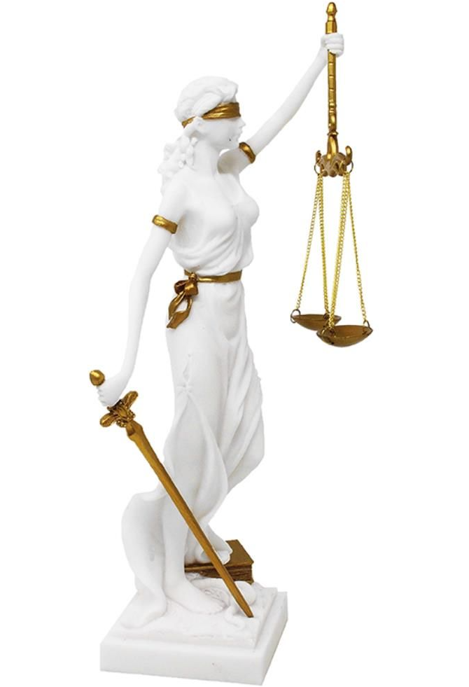 Estatueta da Têmis com possibilidade de personalização por gravação - presente elegante para advogado, juiz ou estudante de direito, branca com detalhes dourados, altura 35 cm, pintada à mão em polyresina