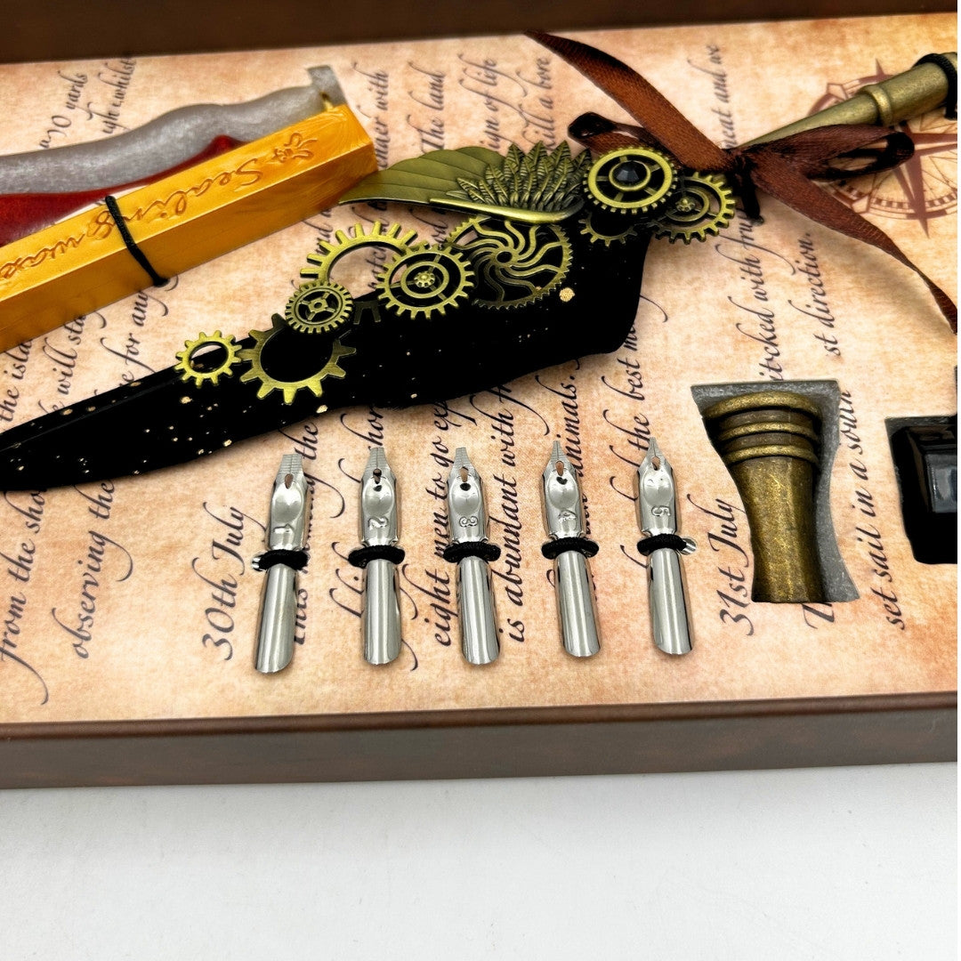 Conjunto Premium de Caligrafia com Pena de Ganso, 6 Penas Substituíveis, Selo e Suporte