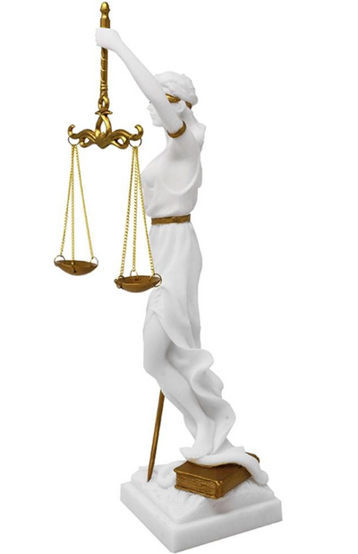 Estatueta da Têmis com possibilidade de personalização por gravação - presente elegante para advogado, juiz ou estudante de direito, branca com detalhes dourados, altura 35 cm, pintada à mão em polyresina