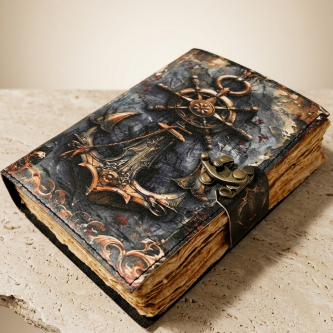 Caderno de Couro Retro Marítimo 200 páginas com possibilidade de personalização por gravação, ideal para presente para artistas e viajantes, feito de couro natural de cabra, cor vintage, dimensões 18 x 13 cm