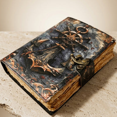 Caderno de Couro Retro Marítimo 200 páginas com possibilidade de personalização por gravação, ideal para presente para artistas e viajantes, feito de couro natural de cabra, cor vintage, dimensões 18 x 13 cm