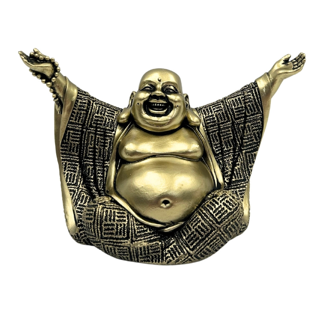 Estatueta de Buda Alegre em dourado com possibilidade de gravação personalizada - Decoração elegante para presente com 17,1 cm de altura em poliéster, simbolizando riqueza e felicidade