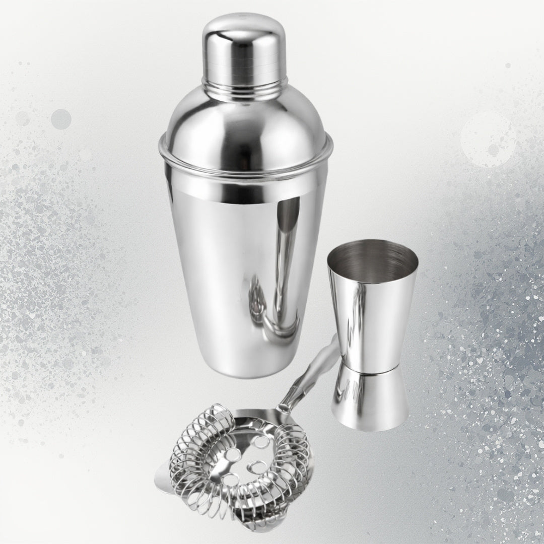 Conjunto de Bar Steel 3 peças com possibilidade de personalização por gravação - Shaker 750 ml, Jigger 15/30 ml, Coador - presente elegante para amantes de cocktails, aço inoxidável, cor prata