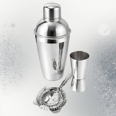 Conjunto de Bar Steel 3 peças com possibilidade de personalização por gravação - Shaker 750 ml, Jigger 15/30 ml, Coador - presente elegante para amantes de cocktails, aço inoxidável, cor prata