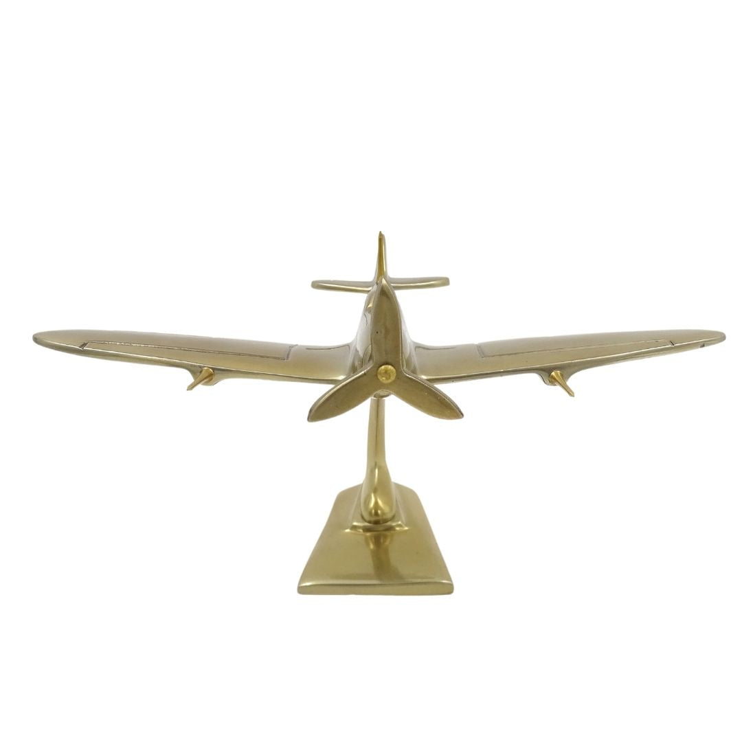 Modelo de caça Spitfire em alumínio cor dourada, com possibilidade de personalização por gravação