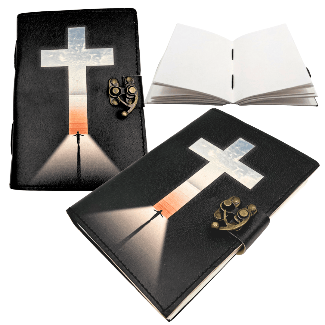 Caderno de Couro Cruz Religiosa Livro de Orações com Gravação
