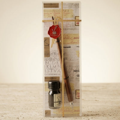 Conjunto Elegante para Caligrafia com Pena de Madeira e Tinta Preta, possibilidade de personalização por gravação, ideal para presente para amantes da arte da escrita, em embalagem decorativa 7,5 x 22 x 3 cm
