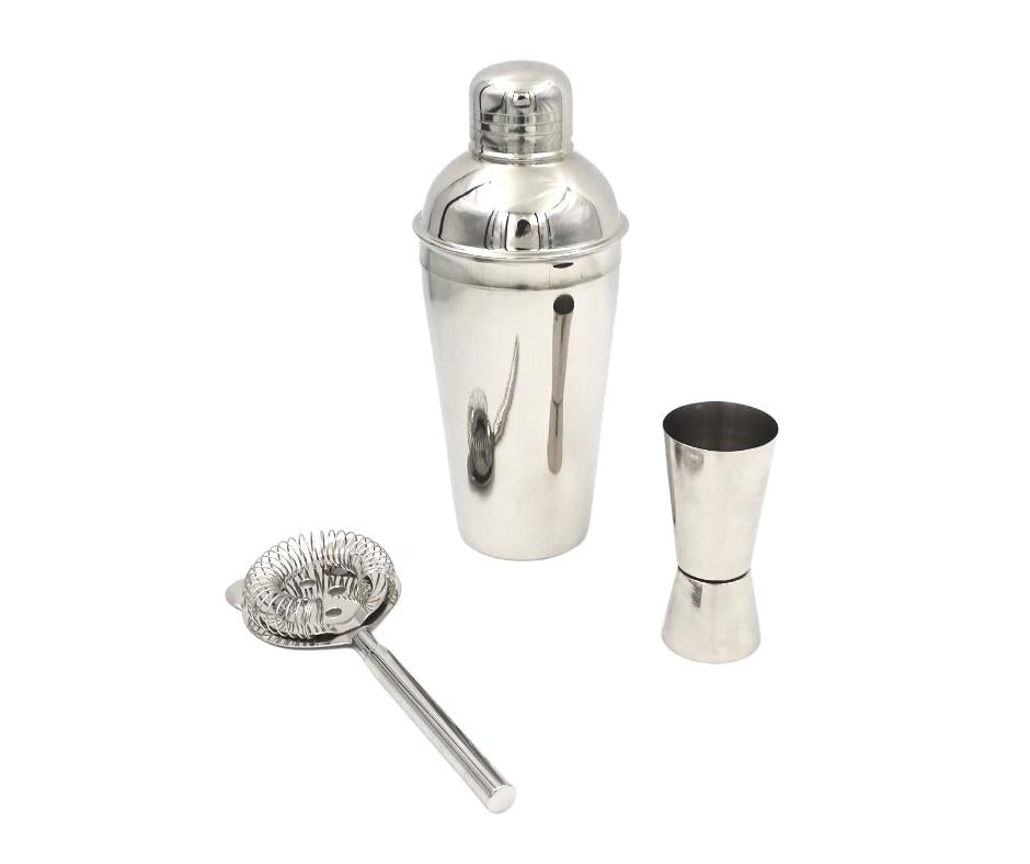 Conjunto de Bar Steel 3 peças com possibilidade de personalização por gravação - Shaker 750 ml, Jigger 15/30 ml, Coador - presente elegante para amantes de cocktails, aço inoxidável, cor prata