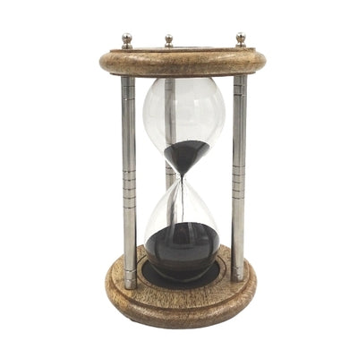 Ampulheta de Latão e Madeira 10 min com Gravação - Presente Elegante na Cor Preta, Altura 25 cm, Feita de Metal, Vidro e Madeira de Manga