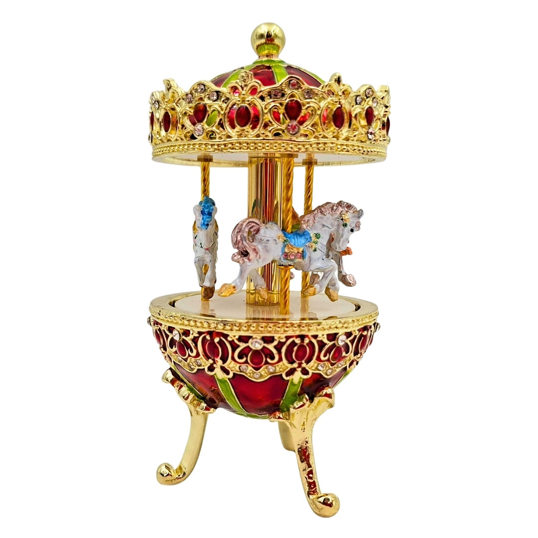 Caixa de Música Carrossel com Gravação - Decoração Elegante em Dourado e Vermelho, 14 cm