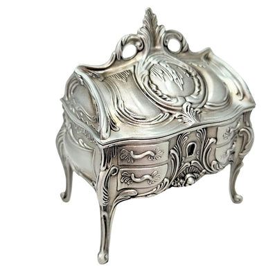 Caixa de Joias Metálica Prateada Retro 2056M com Possibilidade de Gravação - Presente Elegante para o Dia da Mãe ou Aniversário, Dimensões 9,7 x 10 x 6,7 cm, Estilo Rococó com Ornamentação Floral