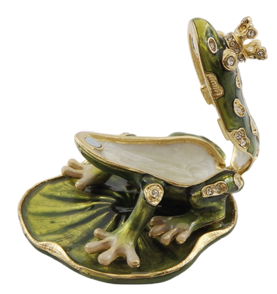 Caixa de presente exclusiva em metal em forma de rã com cristais, verde escuro e dourado, possibilidade de personalização por gravação, ideal para presente, dimensões 6,5x6,7x4,5 cm