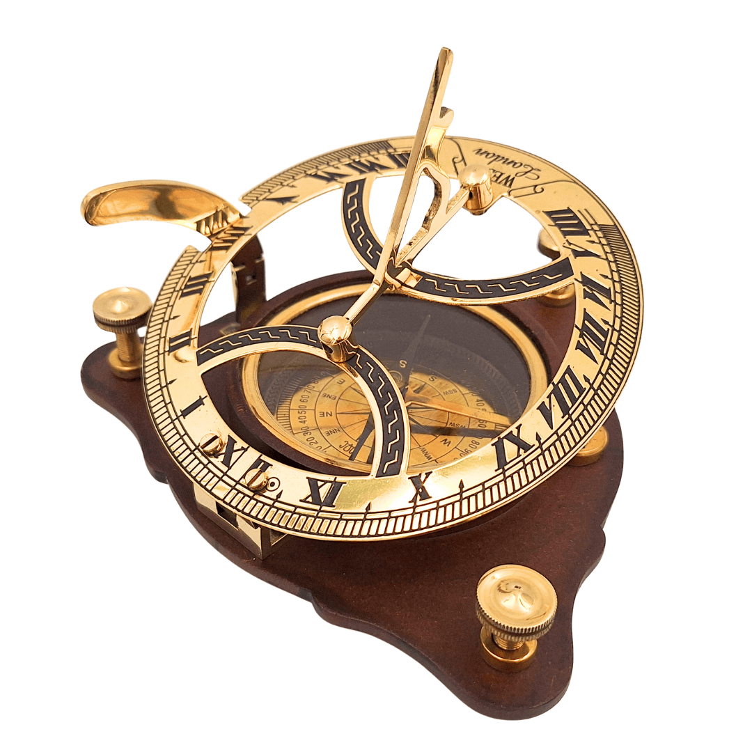 Bússola Elegante em Latão com Relógio de Sol em Base de Madeira C064 com Possibilidade de Gravação Personalizada